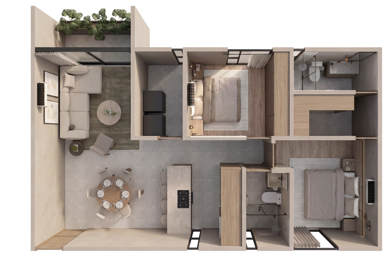 Plano del Modelo Hadid — 94.74 m², 2 recámaras