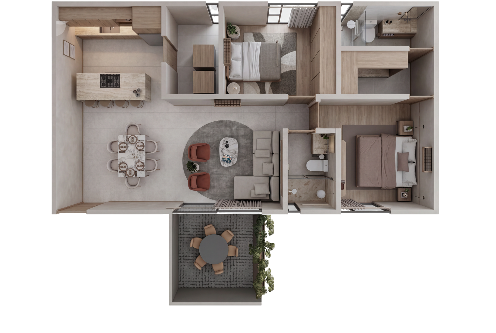 Plano del Modelo Kahlo — 99.64 m², 2 recámaras